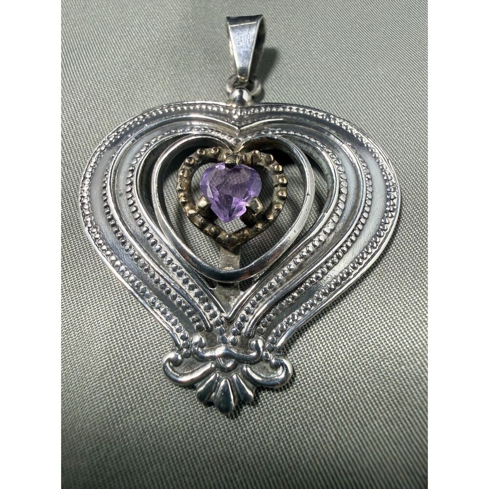 Vintage INGRID Taxco 925 Sterling Silver Amethyst Layered Heart Pendant TN-55